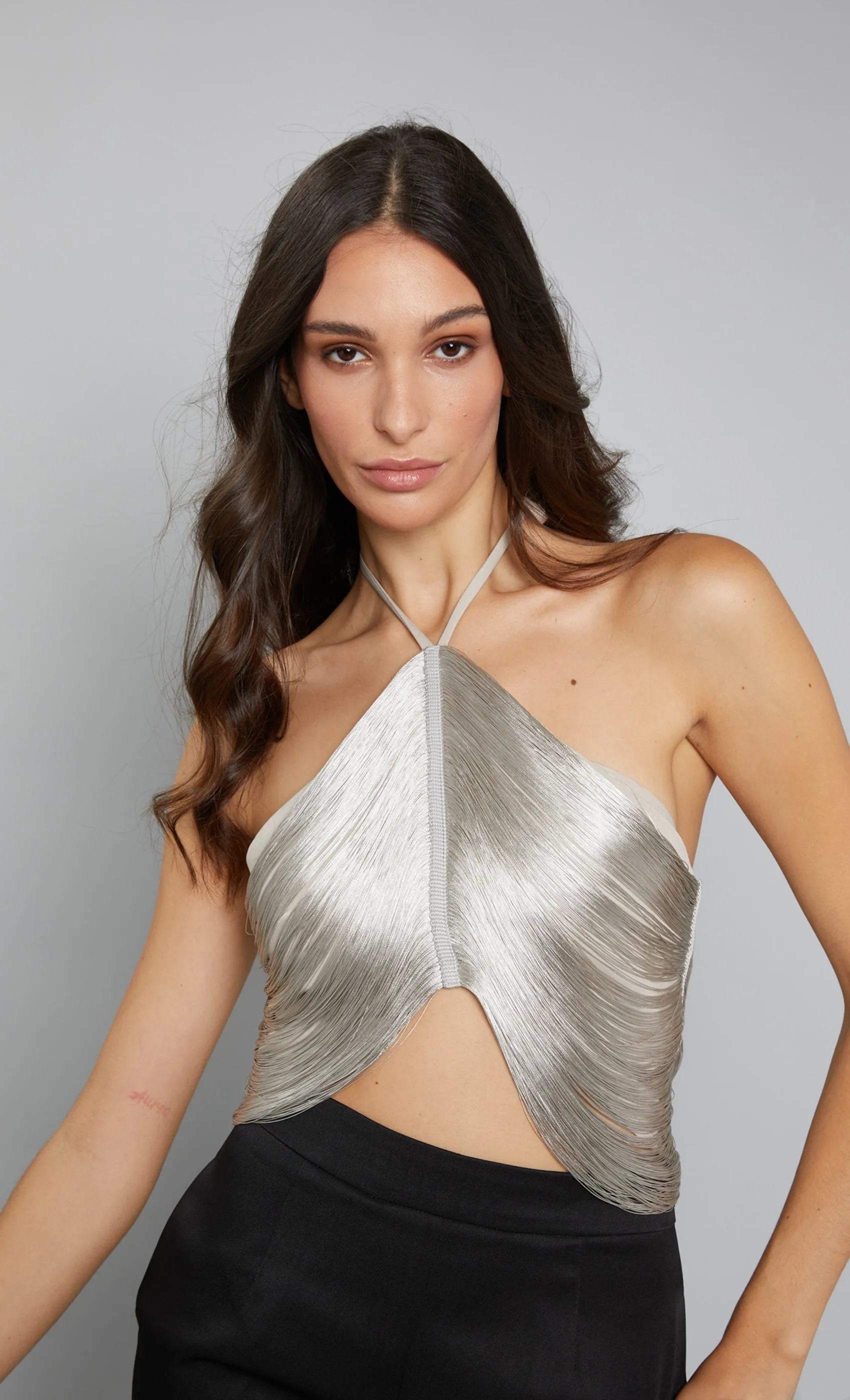 Silver Fringe Halter Neck Top