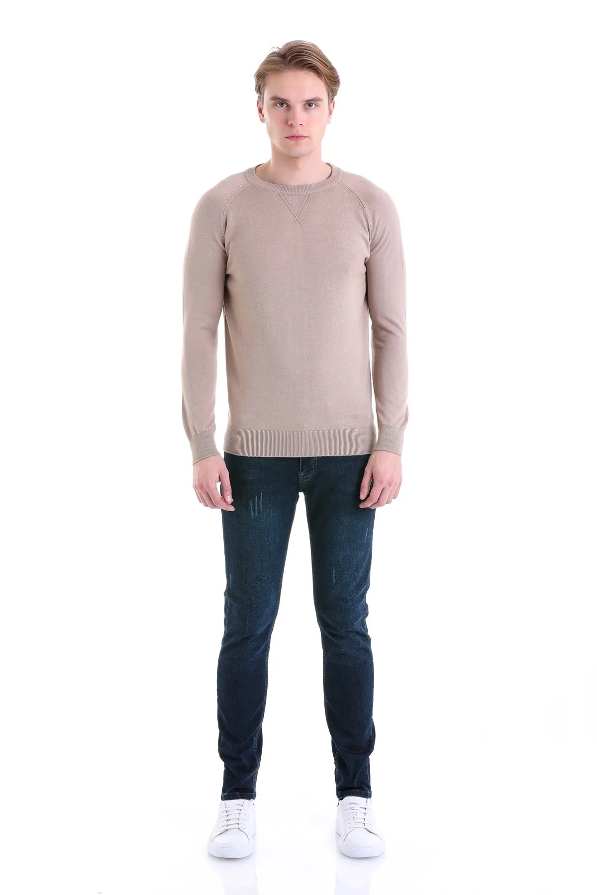 Slim Fit Beige Cotton Blend Crewneck Sweater