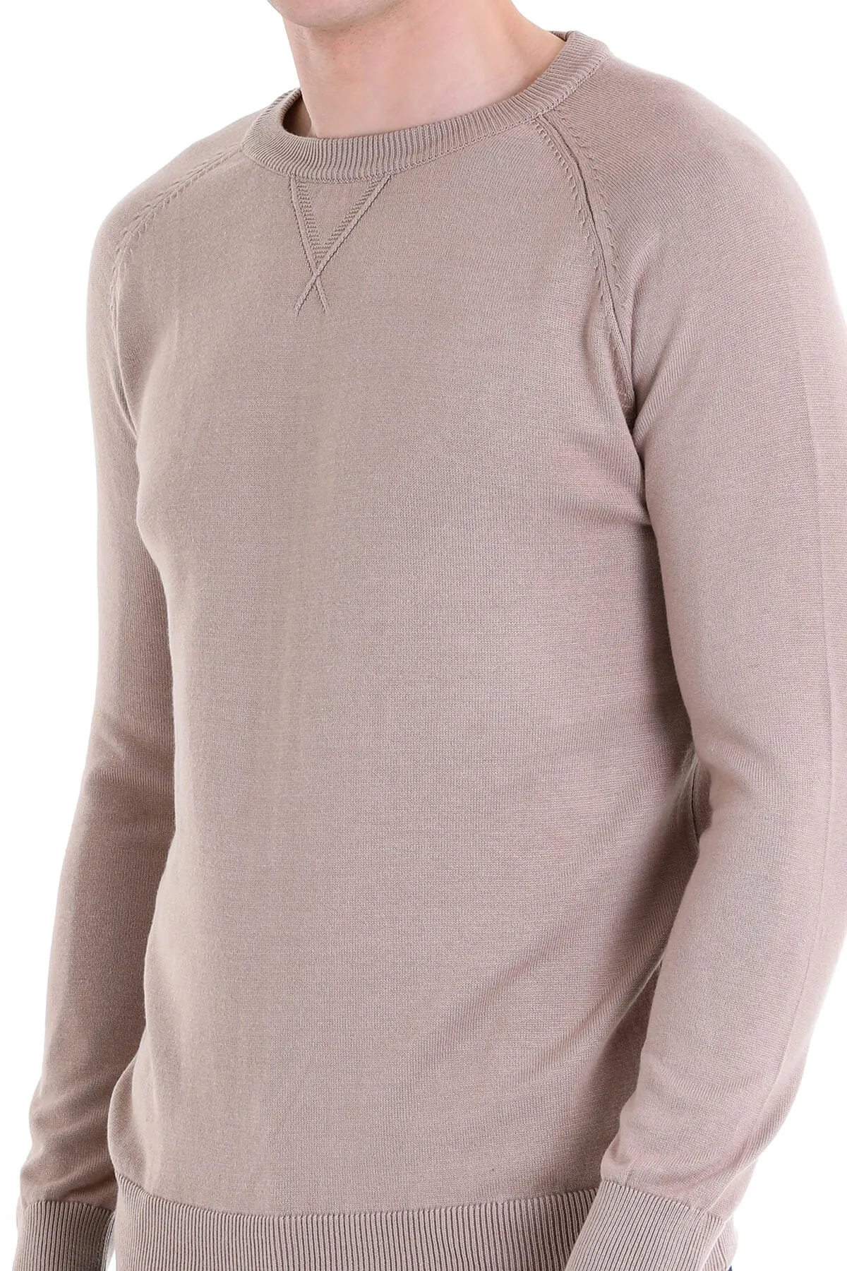 Slim Fit Beige Cotton Blend Crewneck Sweater