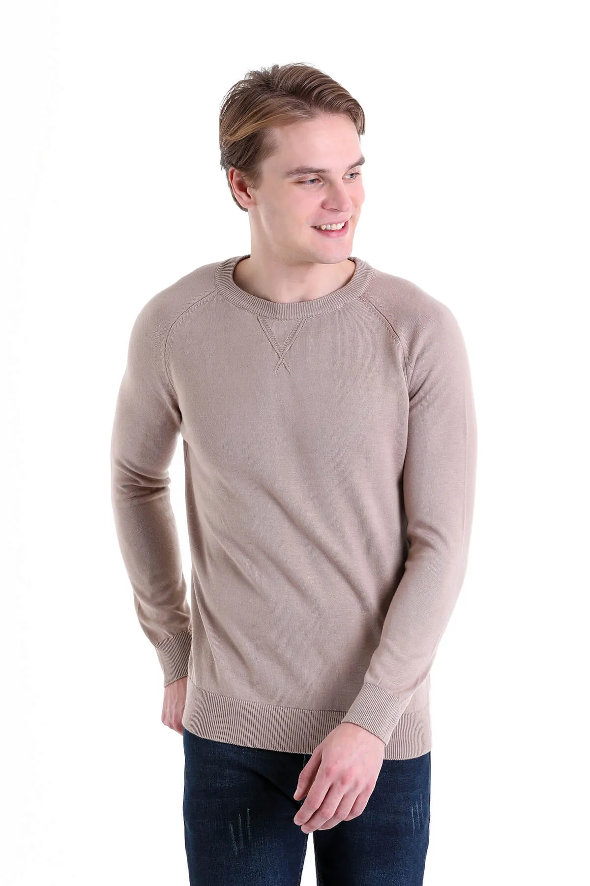 Slim Fit Beige Cotton Blend Crewneck Sweater