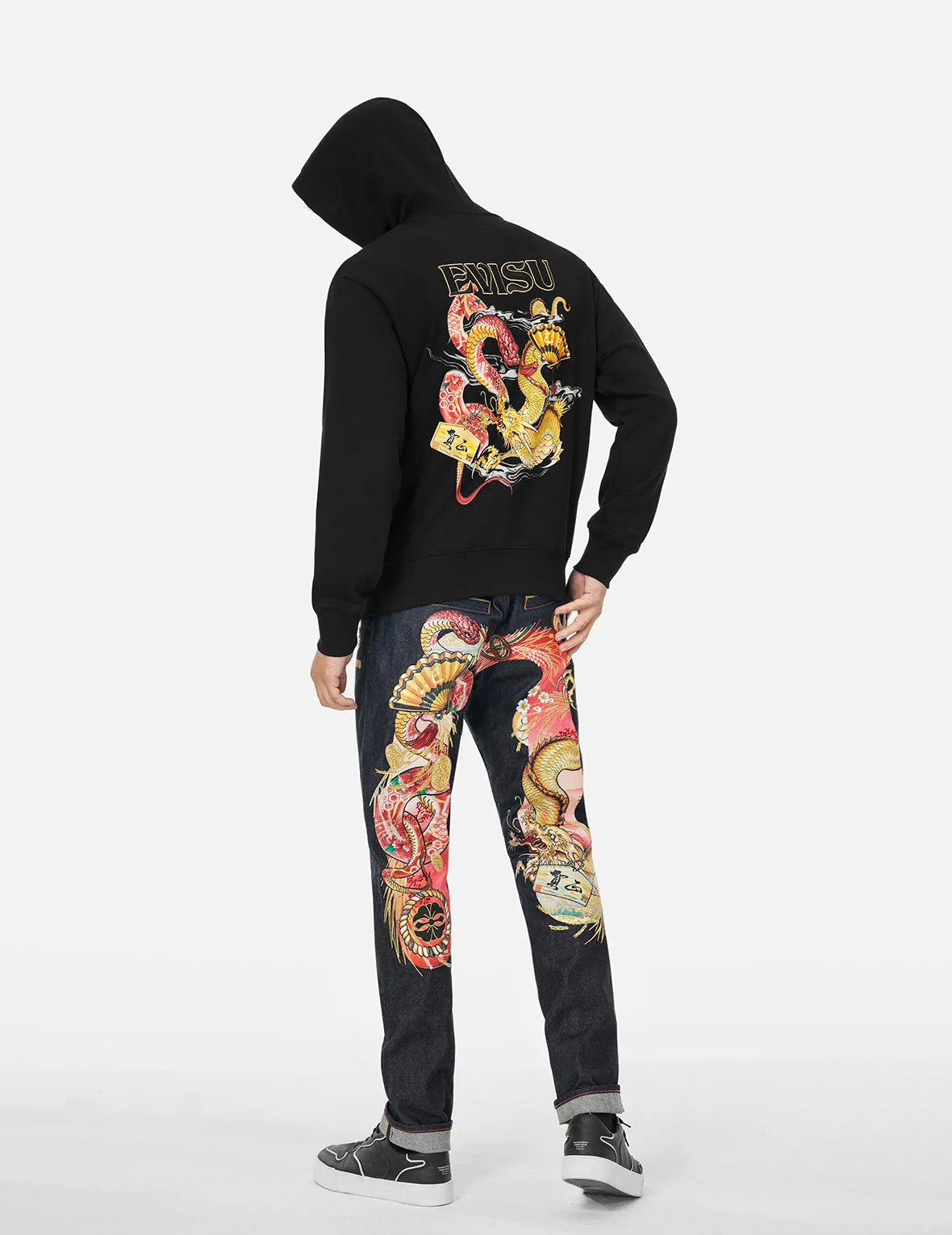 Soaring Snake and Dragon Print Relax Fit Hoodie - Red