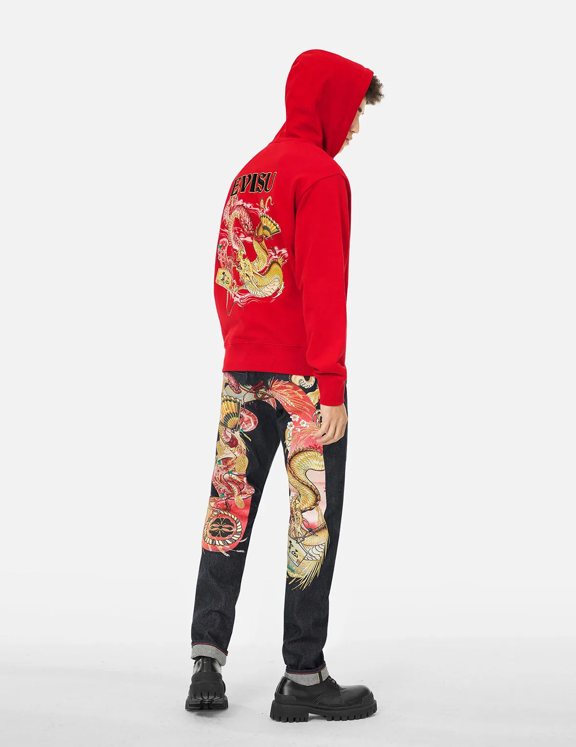 Soaring Snake and Dragon Print Relax Fit Hoodie - Red