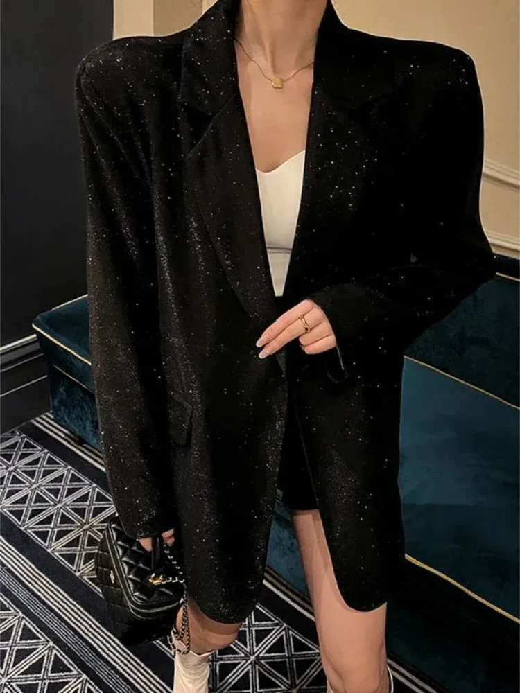 Spring Autumn Silver Sequin Oversized Office Lady Fashion Elegant Party Blazer