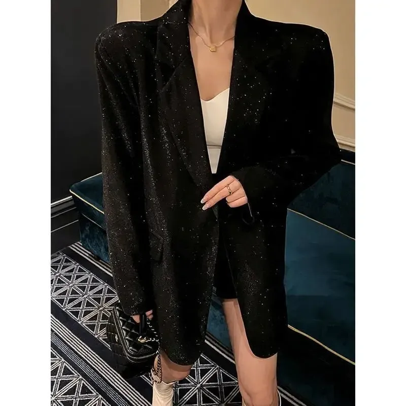 Spring Autumn Silver Sequin Oversized Office Lady Fashion Elegant Party Blazer