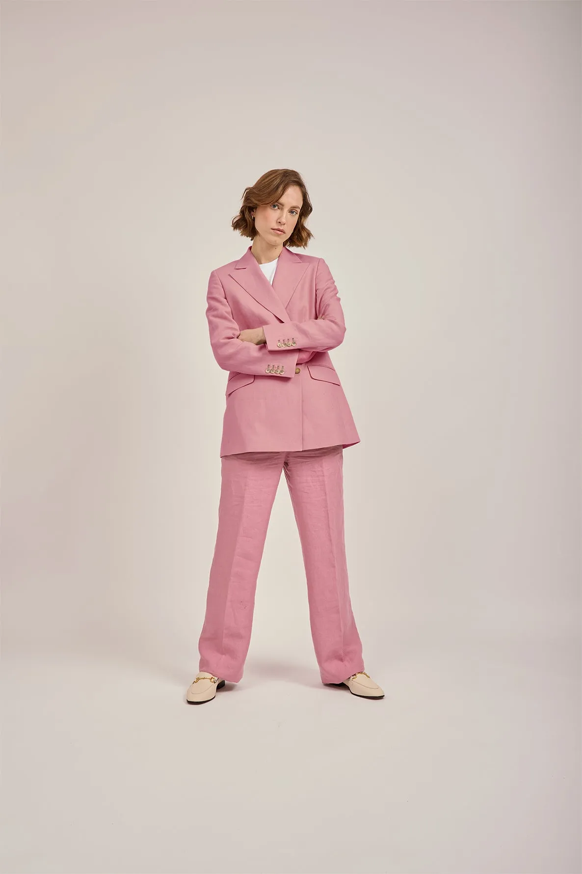 Straight-Leg Trousers in Dusty Pink Linen by Anna James