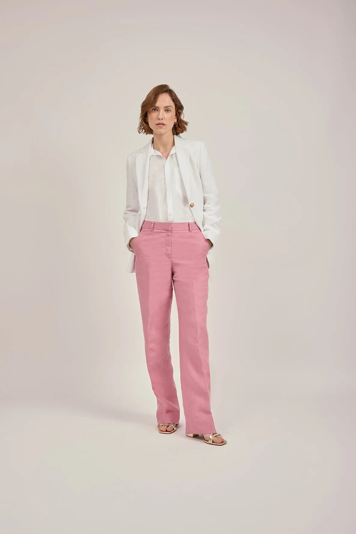 Straight-Leg Trousers in Dusty Pink Linen by Anna James