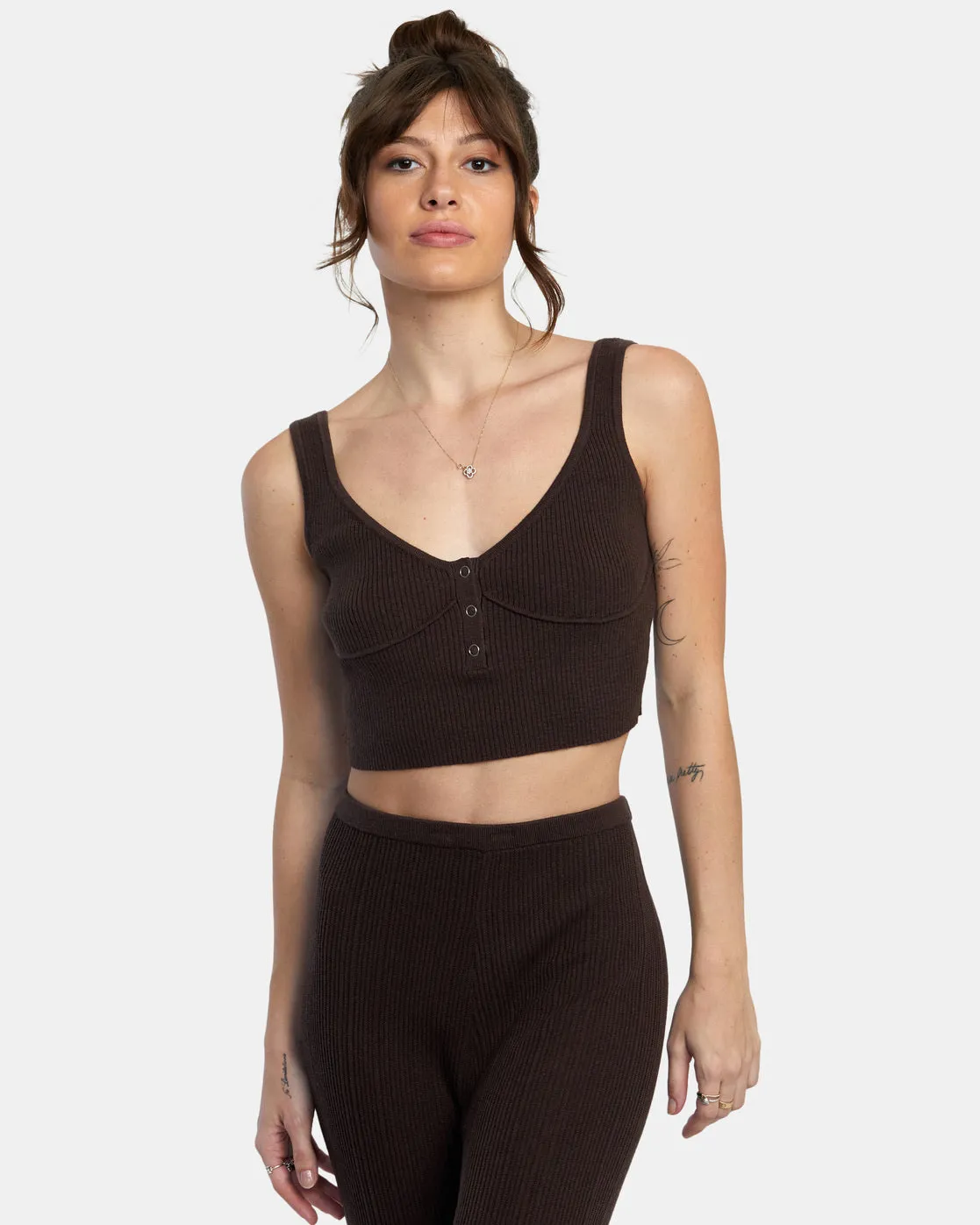 Swerve Henley Rib Knit Crop Top - Java