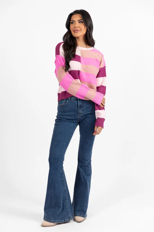 Take Your Time Pink and Berry Multi Color Block Striped Crop Sweater