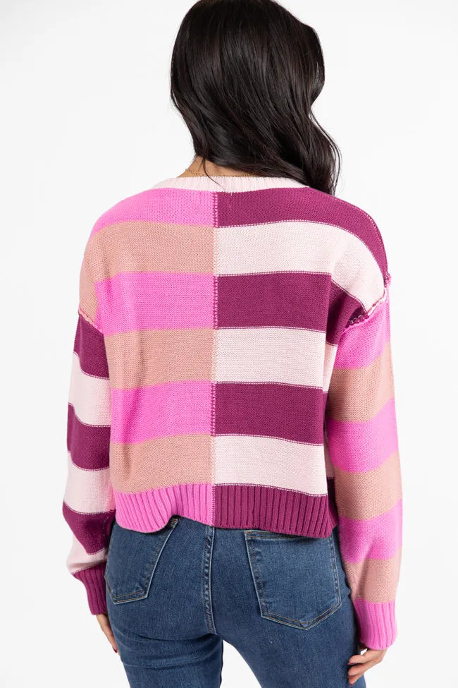 Take Your Time Pink and Berry Multi Color Block Striped Crop Sweater