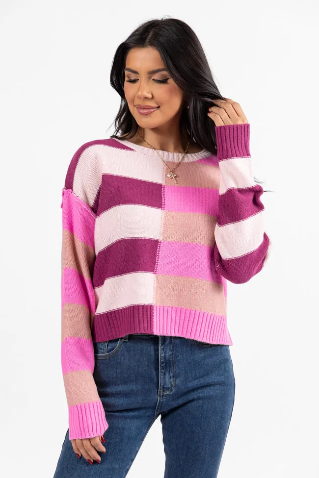 Take Your Time Pink and Berry Multi Color Block Striped Crop Sweater