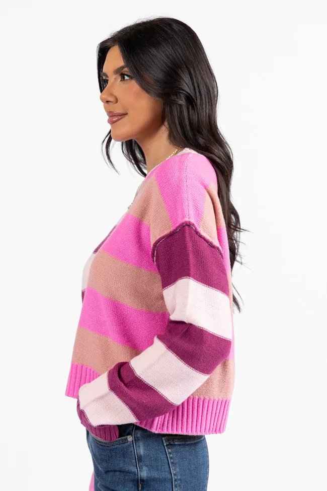 Take Your Time Pink and Berry Multi Color Block Striped Crop Sweater