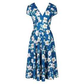 Teal Blue Floral Wrap Top A Line Swing Tea Dress With Cap Sleeves