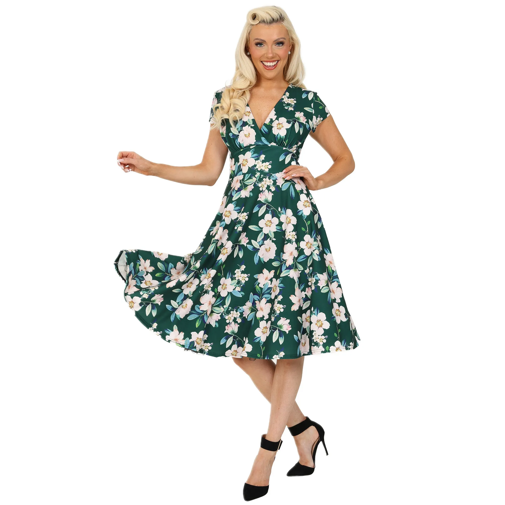 Teal Blue Floral Wrap Top A Line Swing Tea Dress With Cap Sleeves