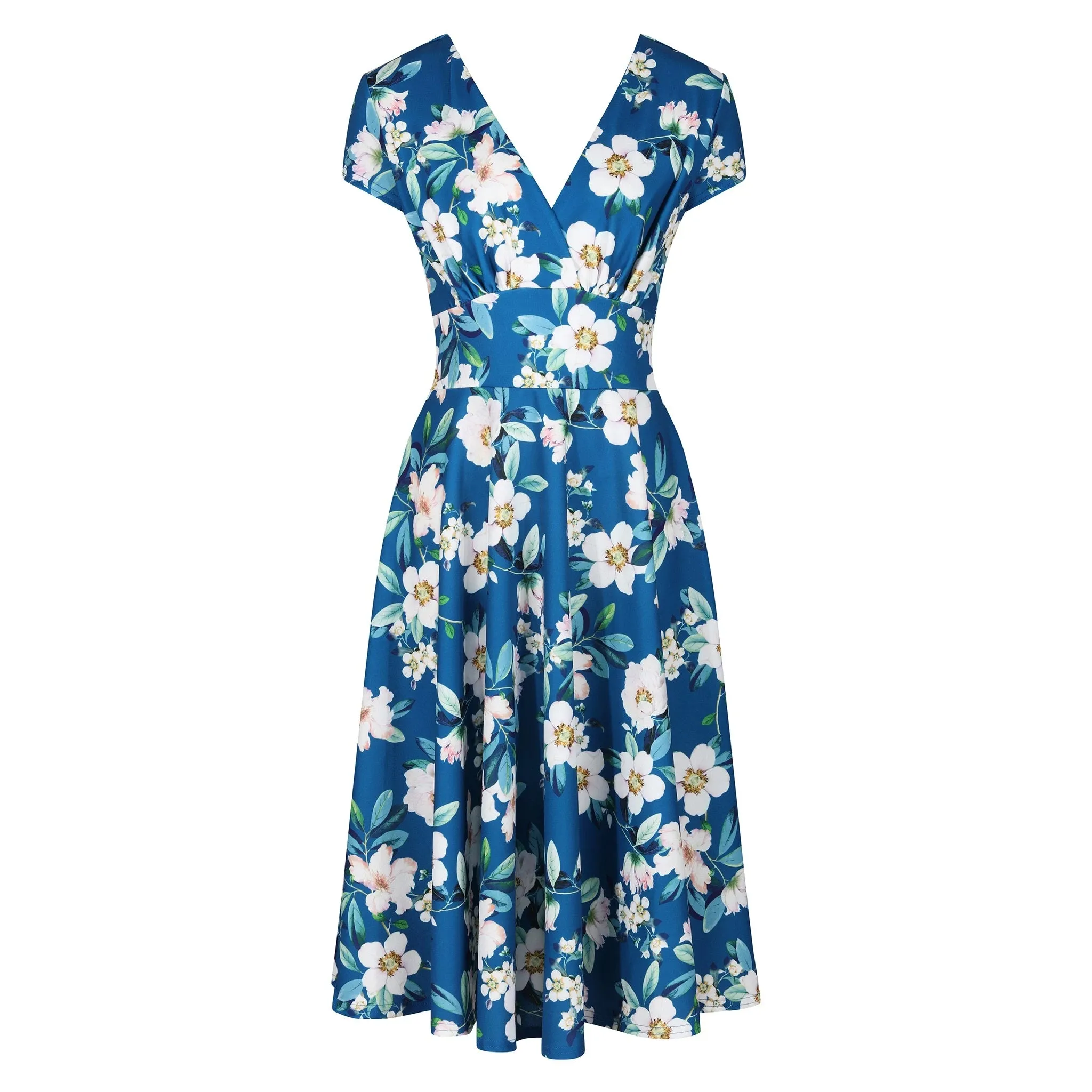 Teal Blue Floral Wrap Top A Line Swing Tea Dress With Cap Sleeves