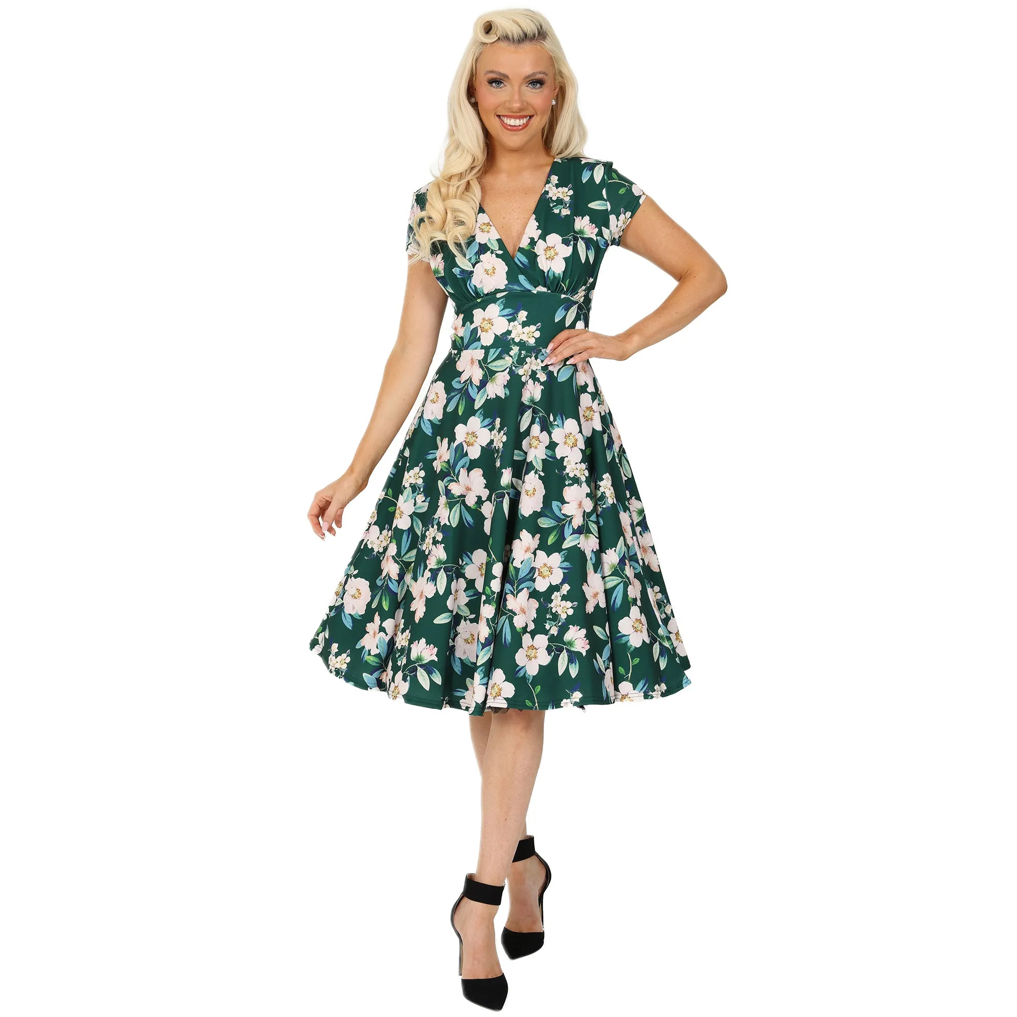 Teal Blue Floral Wrap Top A Line Swing Tea Dress With Cap Sleeves