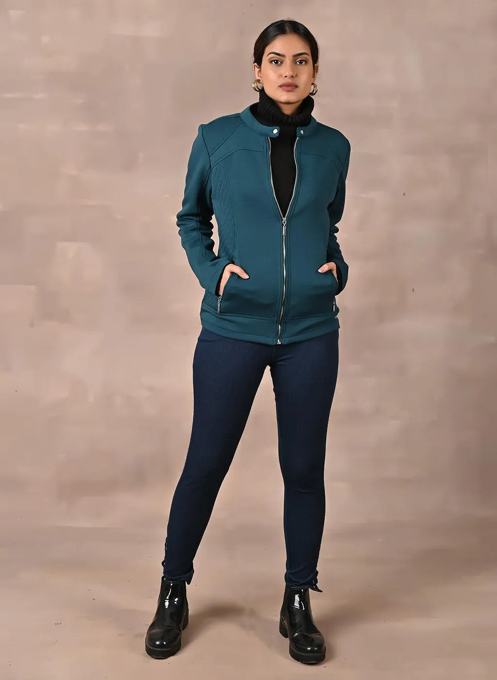 Teal Quilted Jacket with Zipper Detail