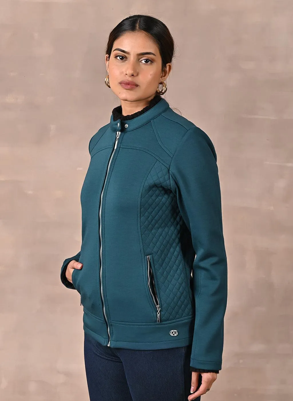 Teal Quilted Jacket with Zipper Detail