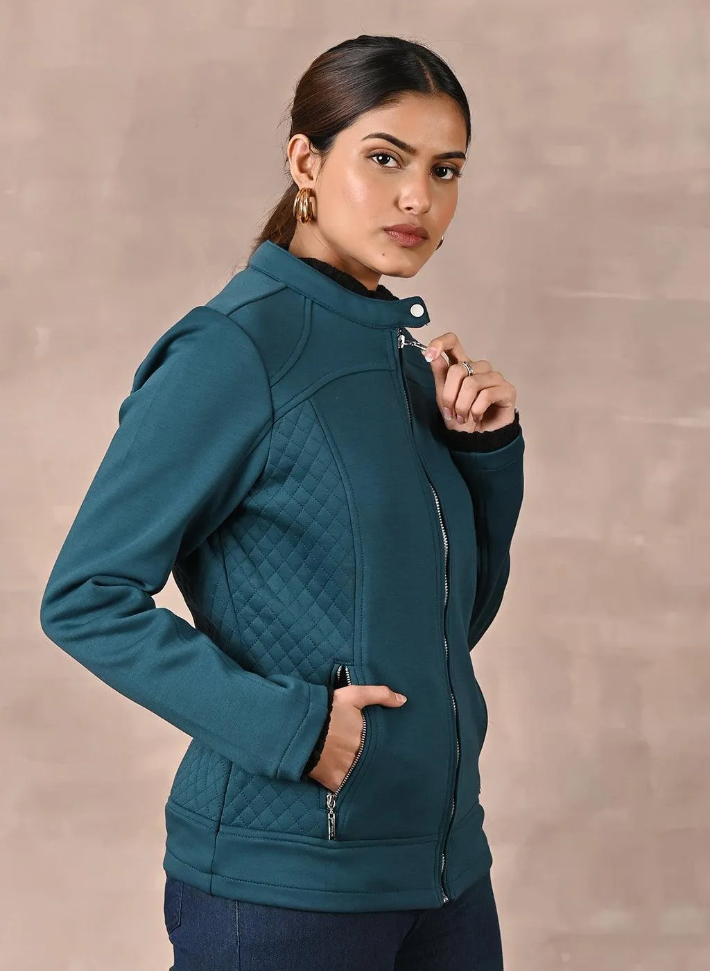 Teal Quilted Jacket with Zipper Detail