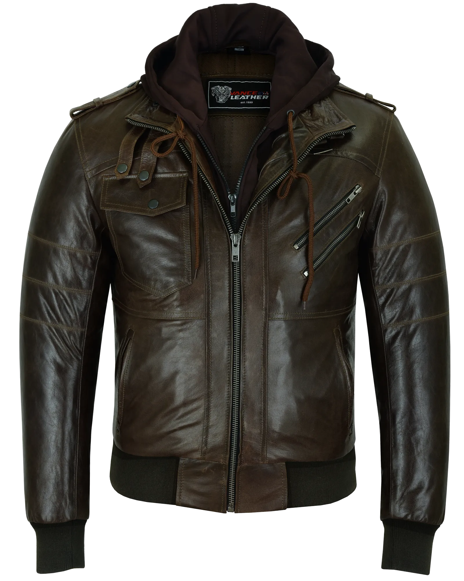 Vance Leather Men's Vincent Brown Waxed Premium Cowhide Motorcycle Leather Jacket with Removable hood