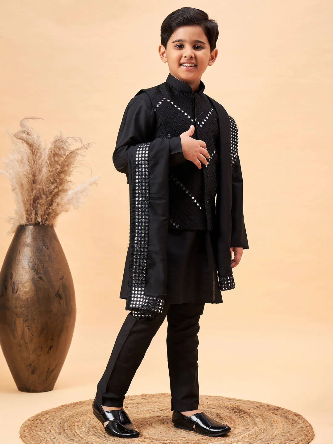 VASTRAMAY Boy's Black Mirror Work Jacket And Solid Kurta Pyjama Set With Black Ethnic Dupatta