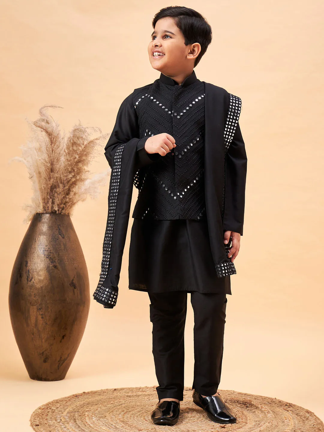 VASTRAMAY Boy's Black Mirror Work Jacket And Solid Kurta Pyjama Set With Black Ethnic Dupatta