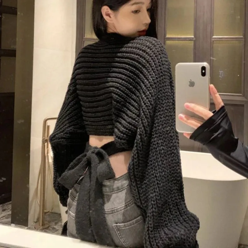 Vevesc Sexy Vintage Knitted Pullover Women Black Sweater Lace Up Crop Tops Korean Style Long Sleeve Pullovers Solid Aesthetics