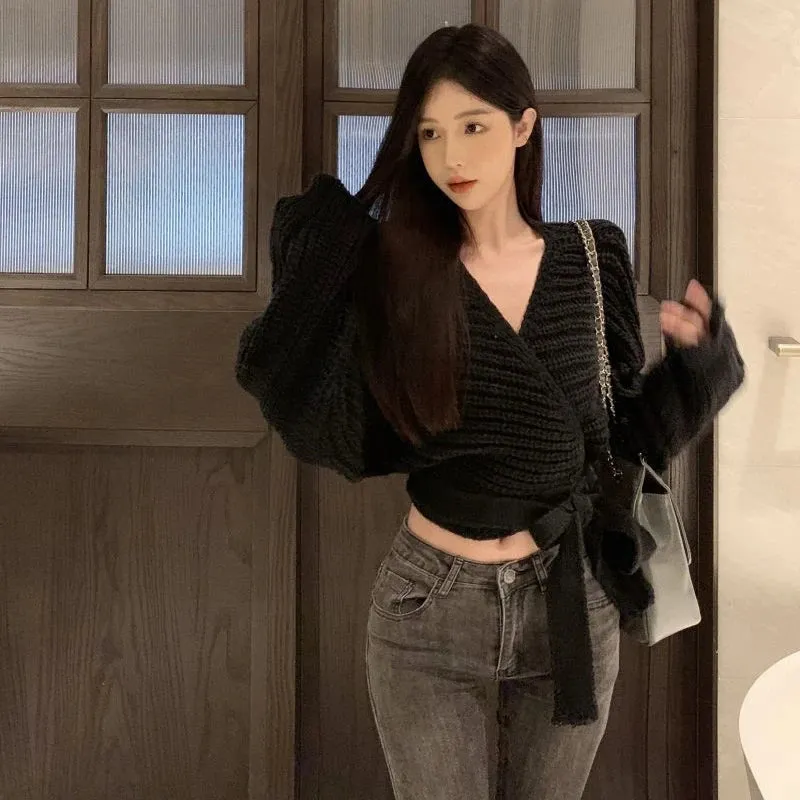 Vevesc Sexy Vintage Knitted Pullover Women Black Sweater Lace Up Crop Tops Korean Style Long Sleeve Pullovers Solid Aesthetics