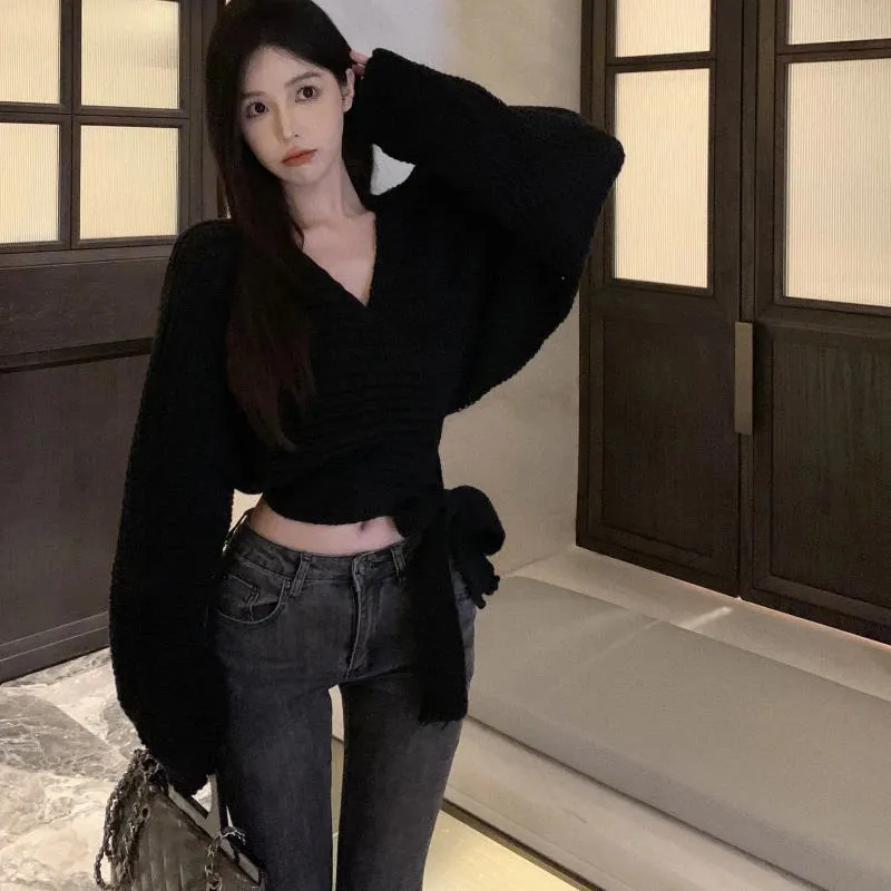 Vevesc Sexy Vintage Knitted Pullover Women Black Sweater Lace Up Crop Tops Korean Style Long Sleeve Pullovers Solid Aesthetics