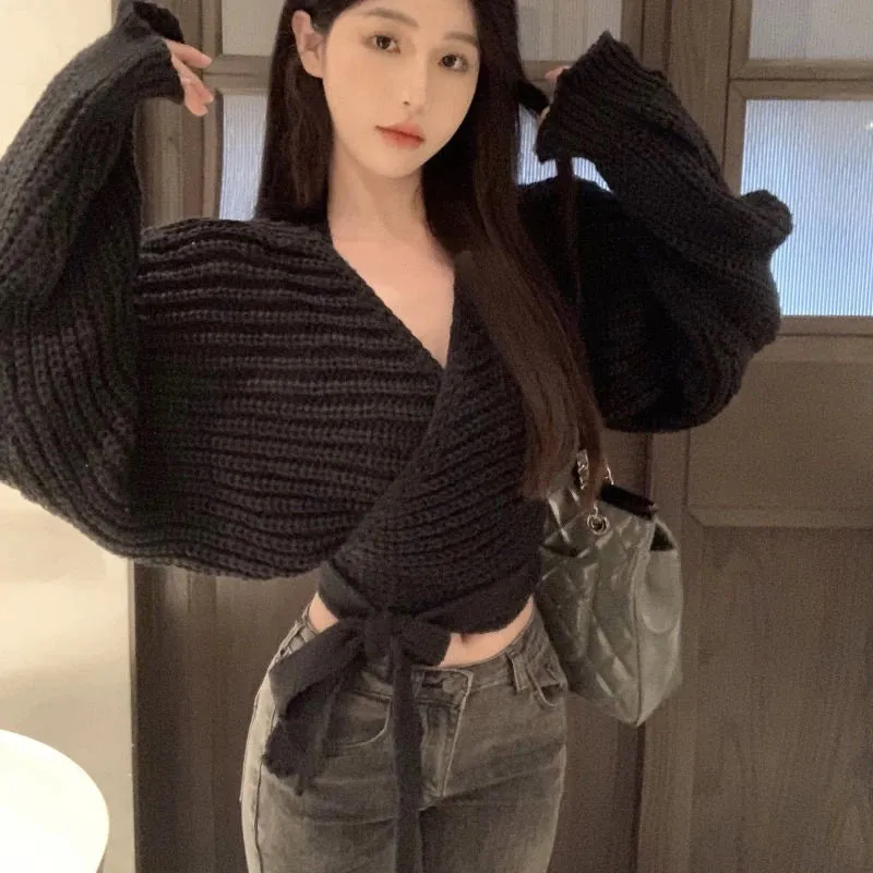 Vevesc Sexy Vintage Knitted Pullover Women Black Sweater Lace Up Crop Tops Korean Style Long Sleeve Pullovers Solid Aesthetics