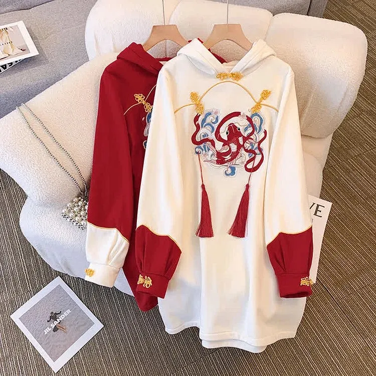 Vintage-Inspired Koi Fish Embroidered Hoodie Dress in Apricot