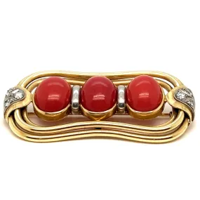 Vintage Oxblood Coral Diamond 14 Karat Yellow Gold Brooch