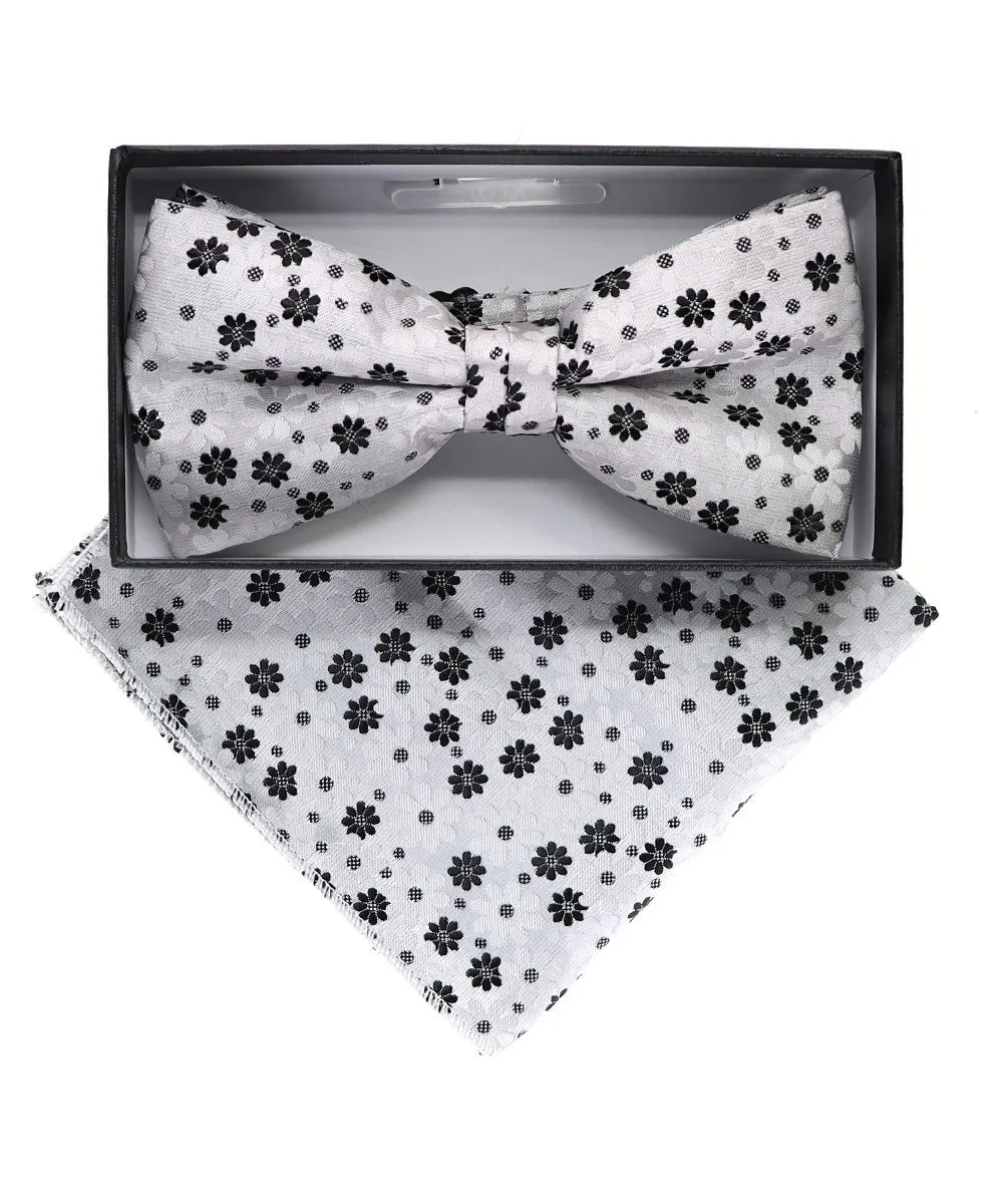 Vittorio Farina Men's Floral Design Satin Bow Tie & Pocket Square in Gift Box