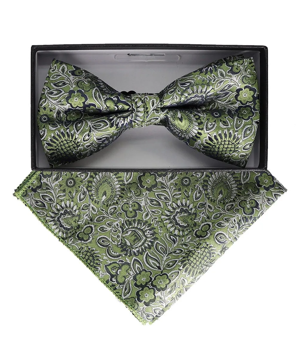 Vittorio Farina Men's Floral Design Satin Bow Tie & Pocket Square in Gift Box