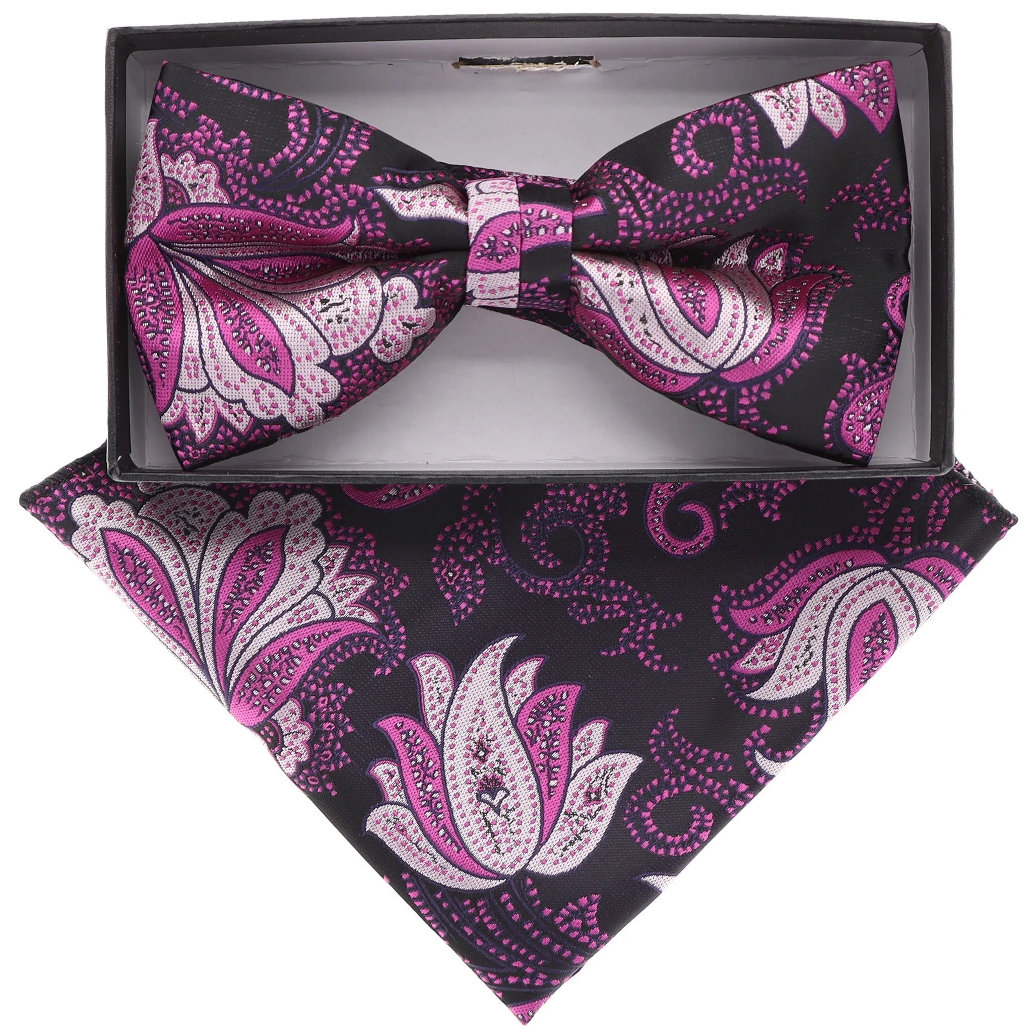 Vittorio Farina Men's Floral Design Satin Bow Tie & Pocket Square in Gift Box