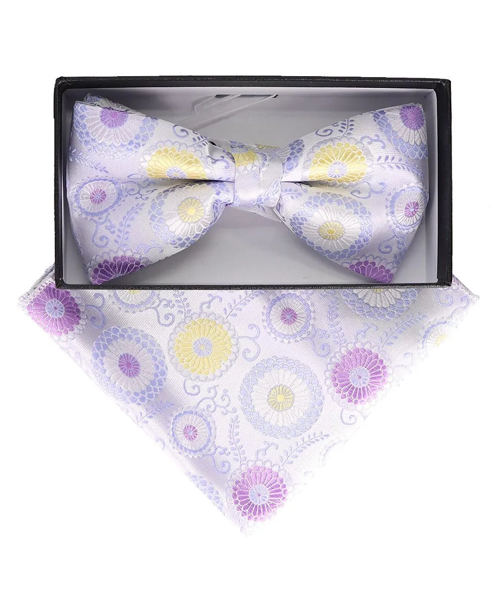 Vittorio Farina Men's Floral Design Satin Bow Tie & Pocket Square in Gift Box