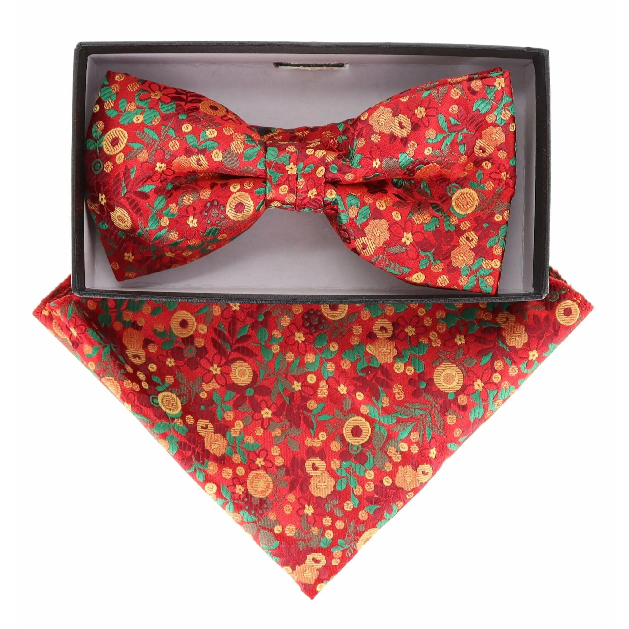 Vittorio Farina Men's Floral Design Satin Bow Tie & Pocket Square in Gift Box