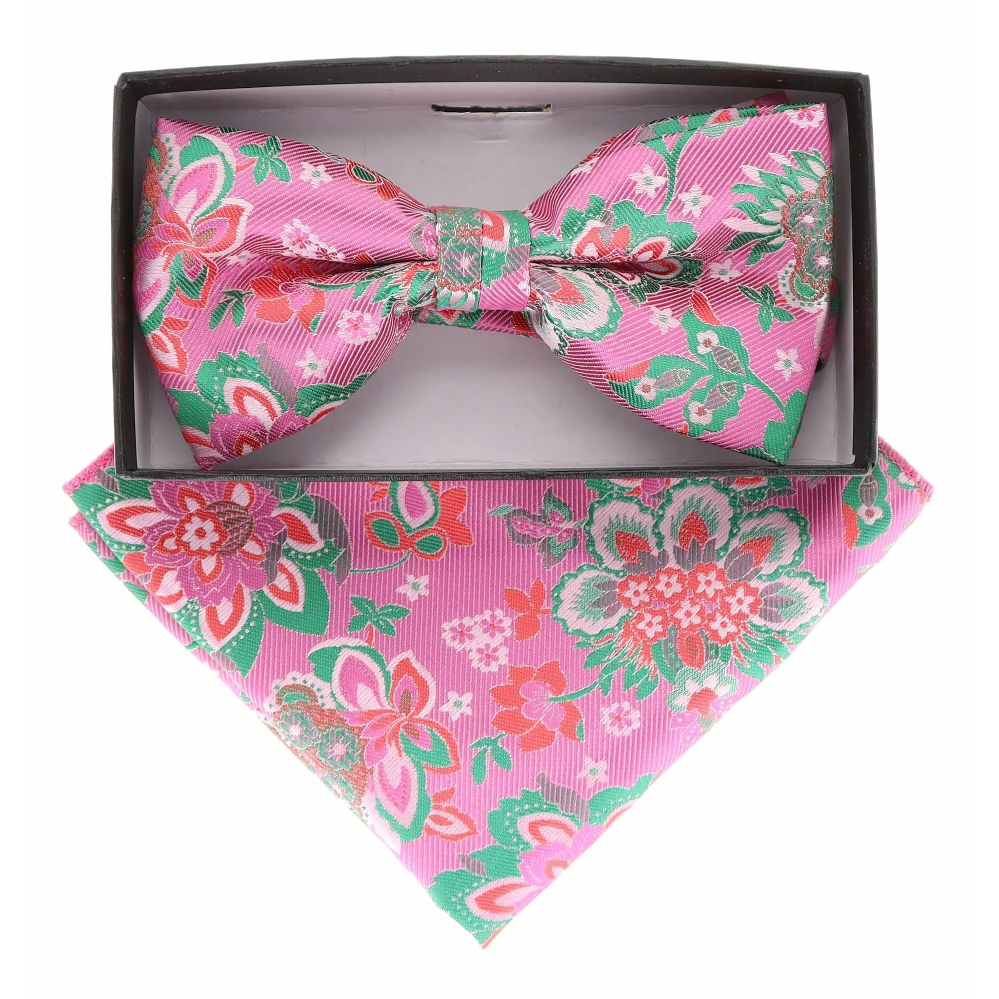 Vittorio Farina Men's Floral Design Satin Bow Tie & Pocket Square in Gift Box