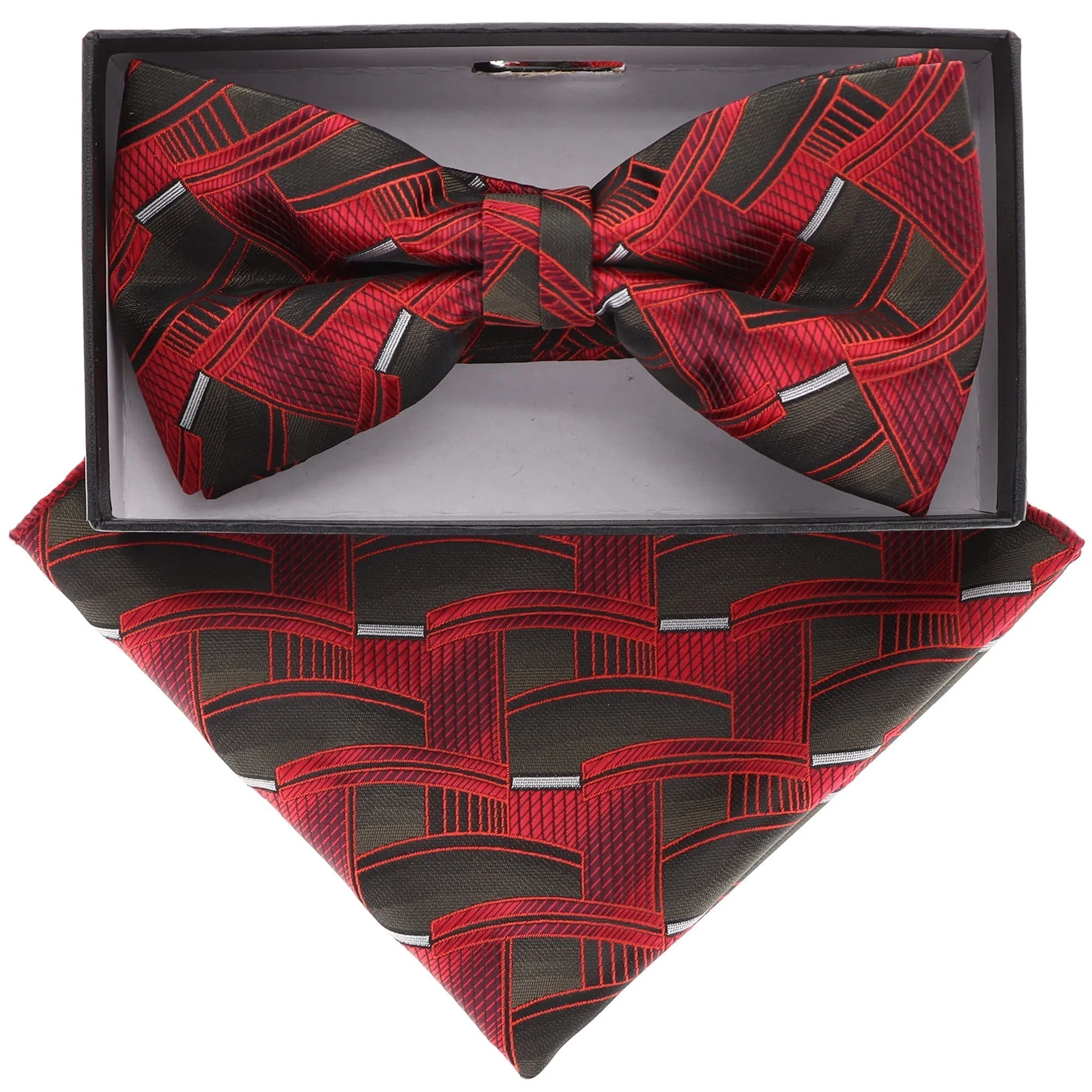 Vittorio Farina Men's Geometric Design Satin Bow Tie & Pocket Square in Gift Box