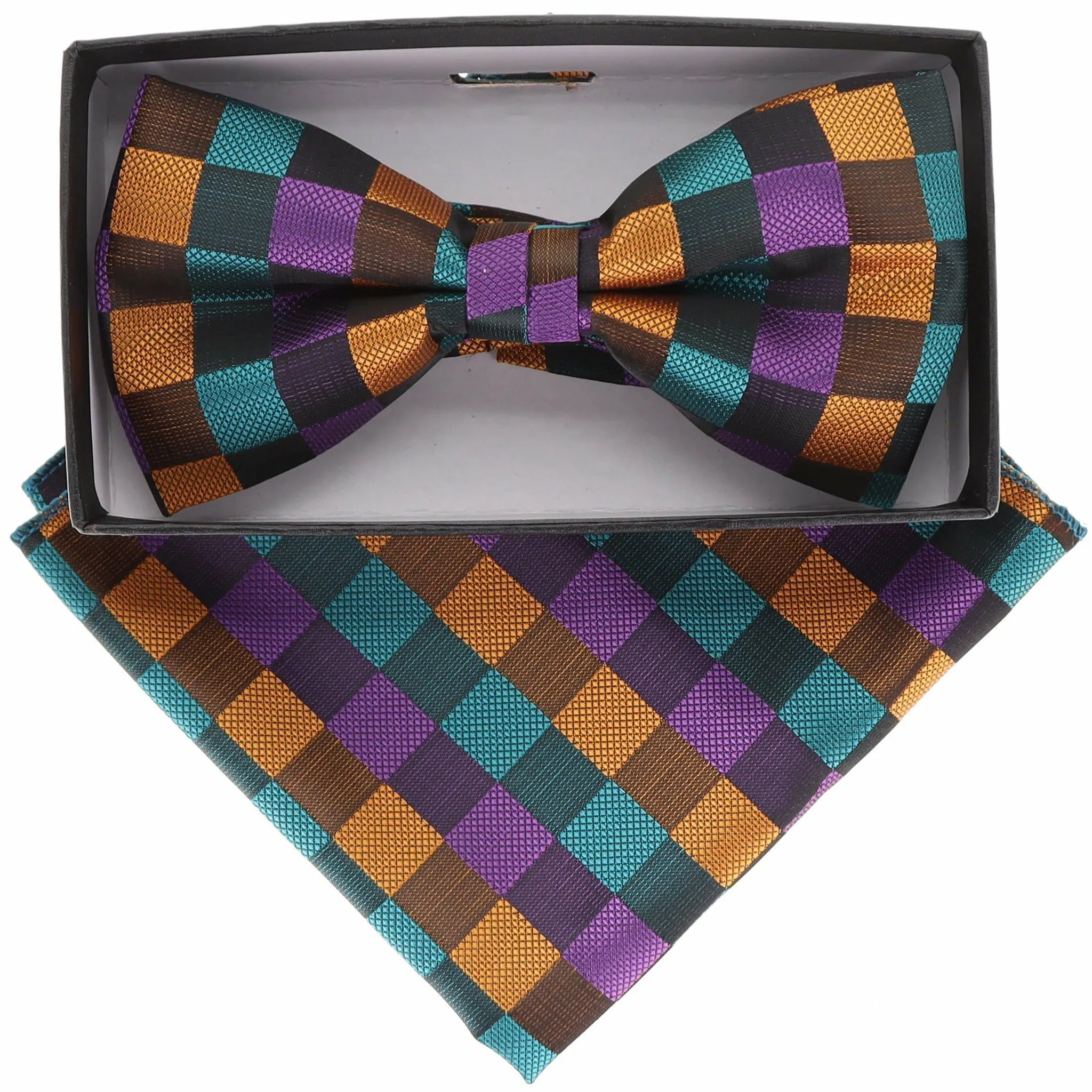 Vittorio Farina Men's Geometric Design Satin Bow Tie & Pocket Square in Gift Box