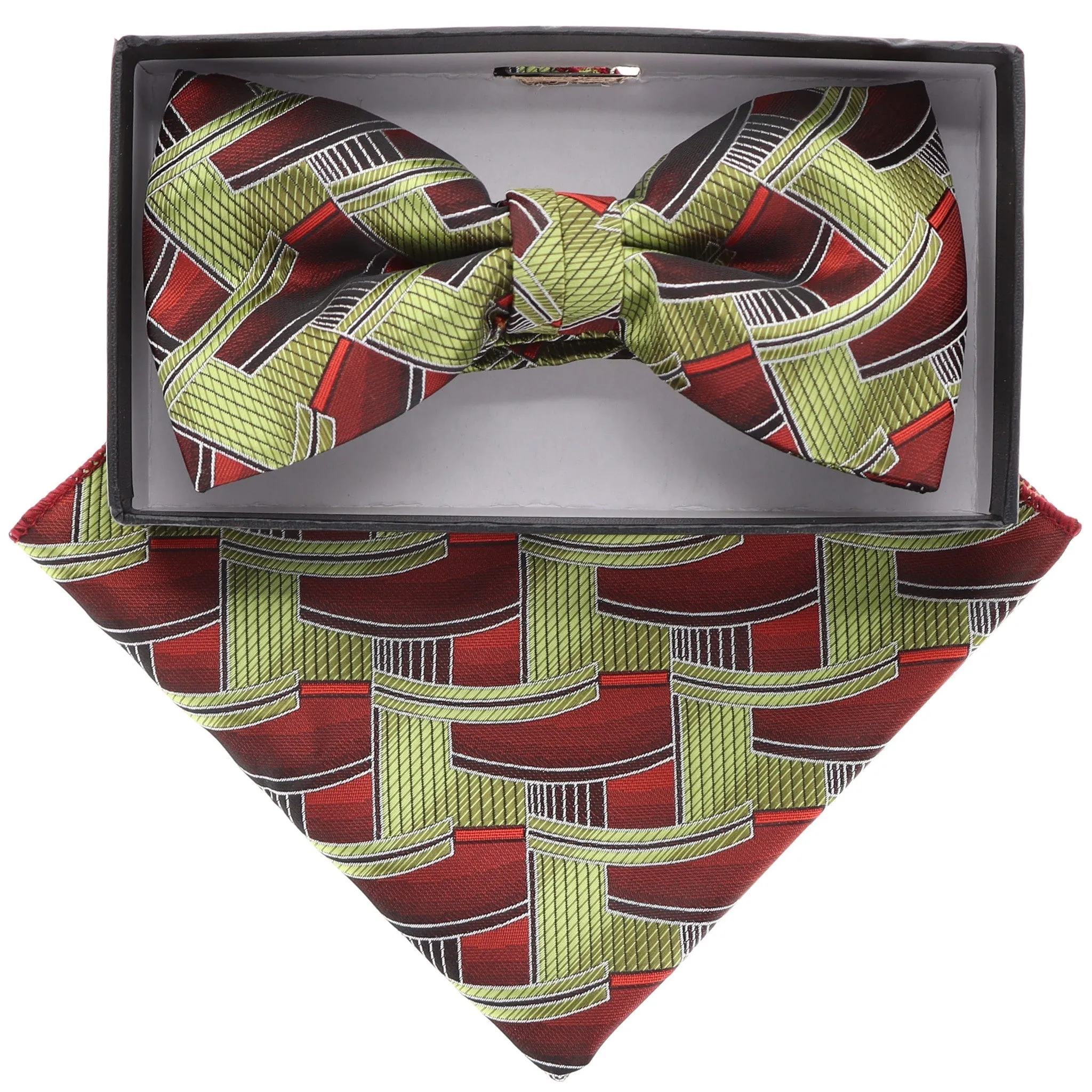 Vittorio Farina Men's Geometric Design Satin Bow Tie & Pocket Square in Gift Box