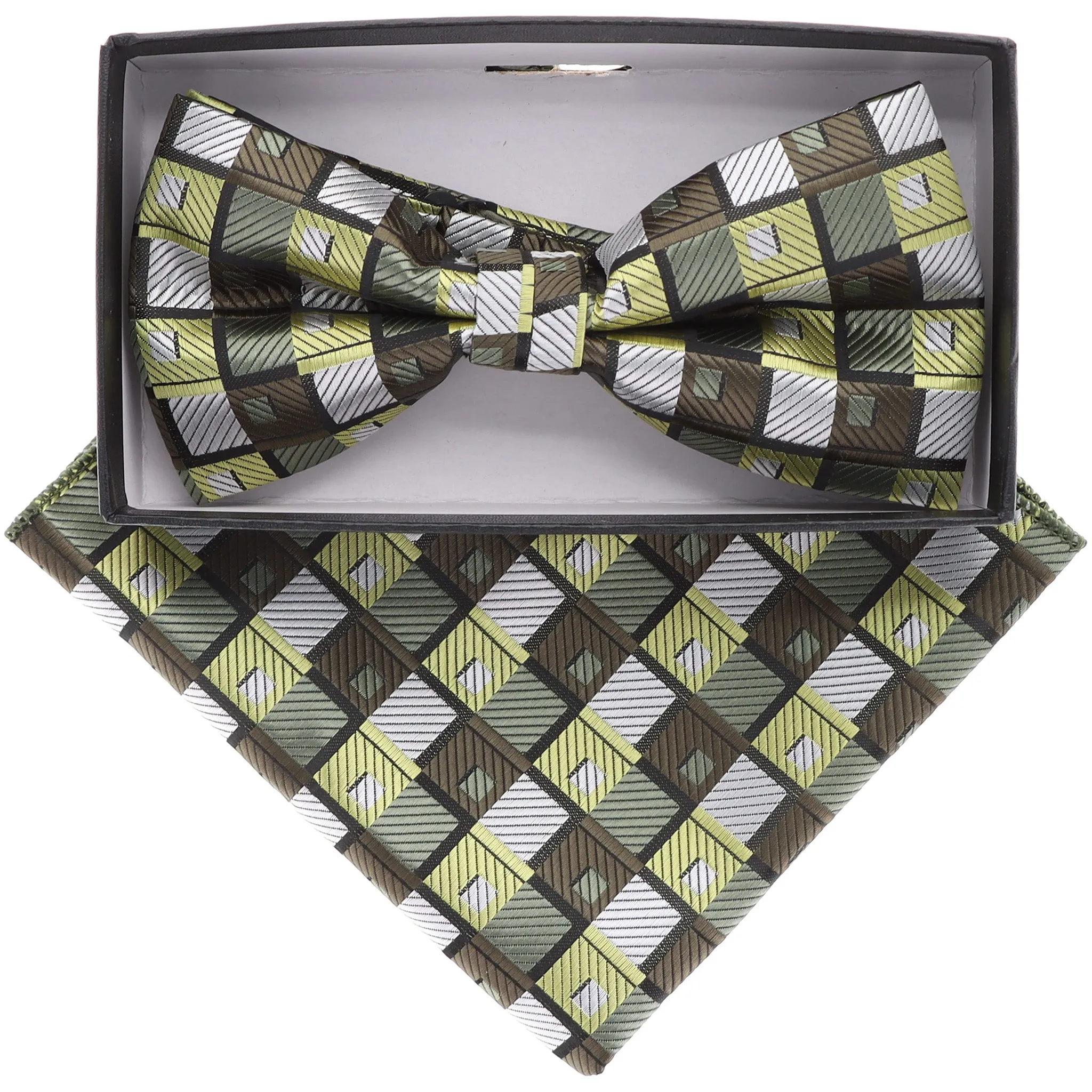 Vittorio Farina Men's Geometric Design Satin Bow Tie & Pocket Square in Gift Box