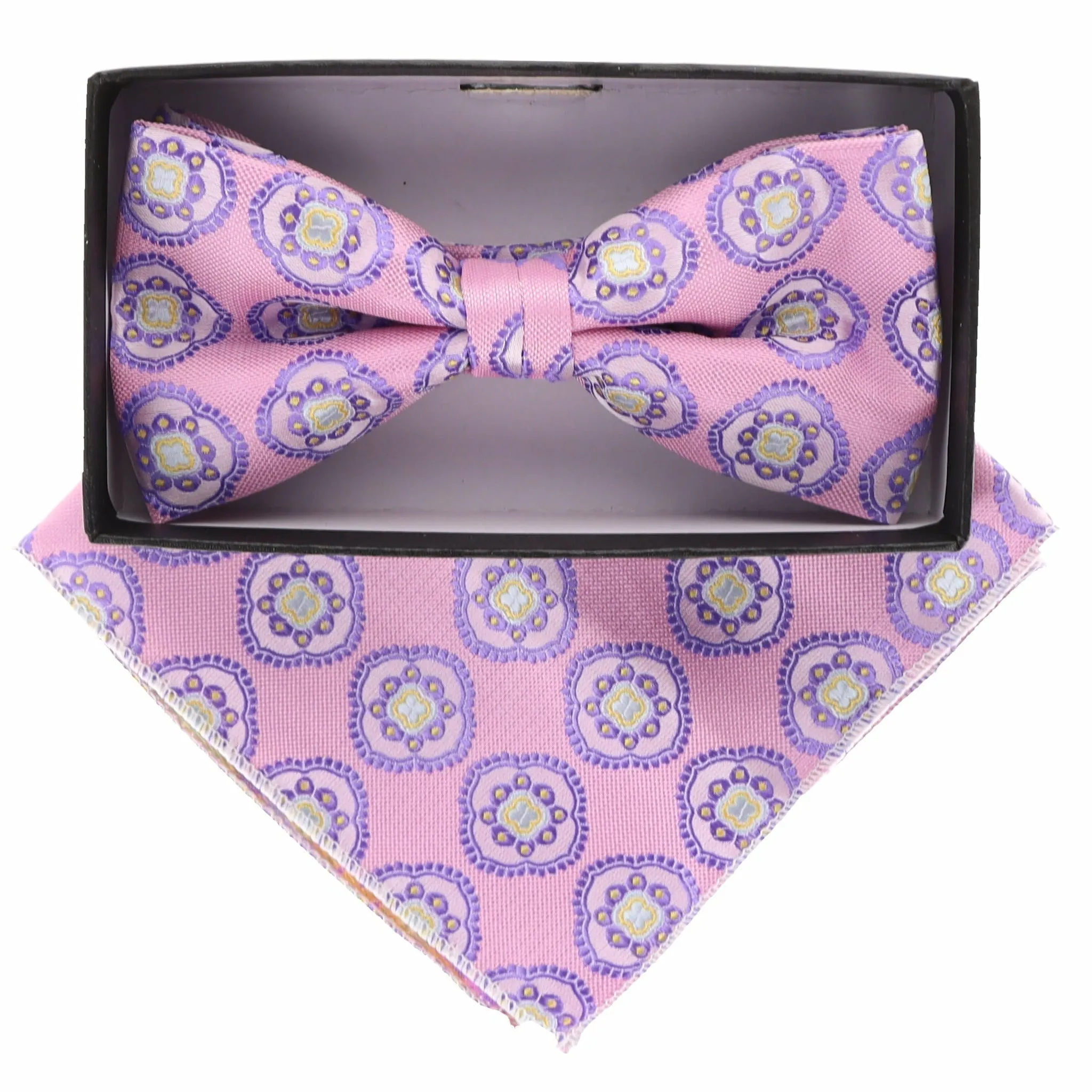 Vittorio Farina Men's Geometric Design Satin Bow Tie & Pocket Square in Gift Box