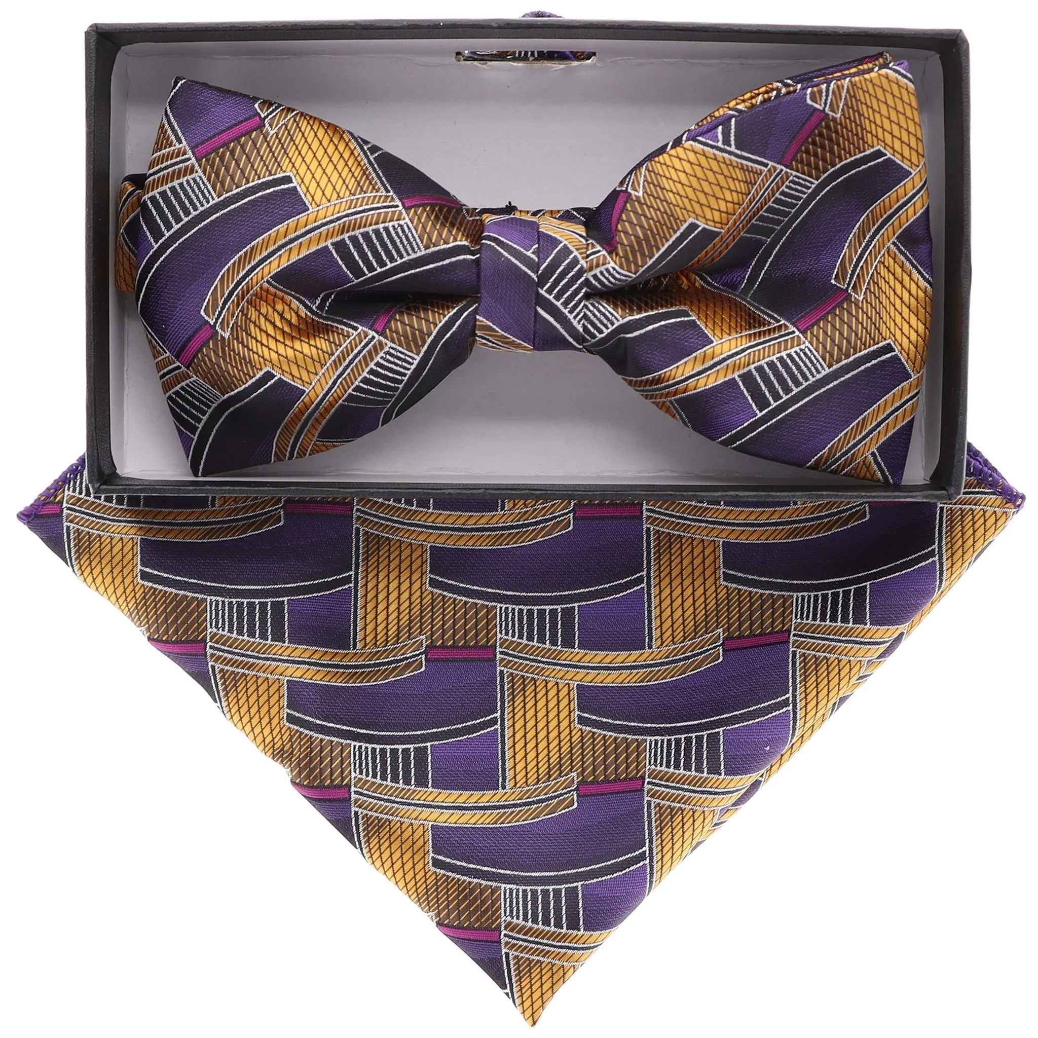 Vittorio Farina Men's Geometric Design Satin Bow Tie & Pocket Square in Gift Box