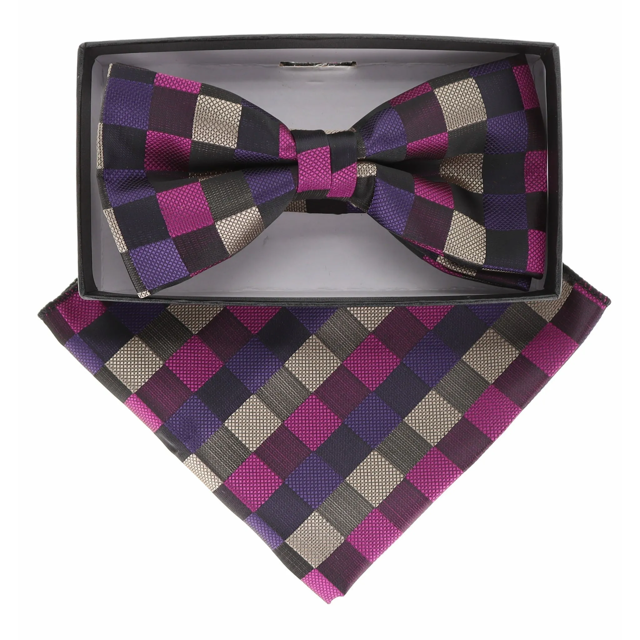 Vittorio Farina Men's Geometric Design Satin Bow Tie & Pocket Square in Gift Box