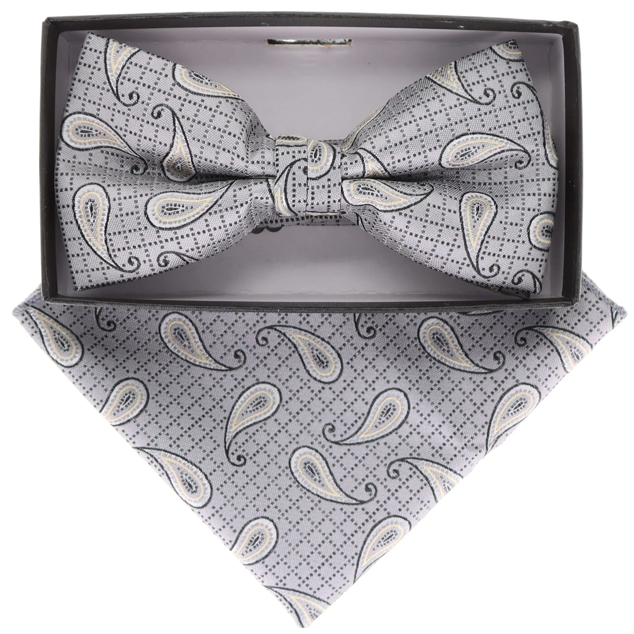 Vittorio Farina Men's Paisley Design Satin Bow Tie & Pocket Square in Gift Box