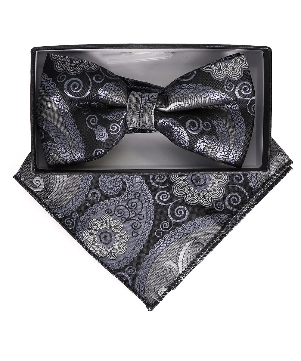 Vittorio Farina Men's Paisley Design Satin Bow Tie & Pocket Square in Gift Box