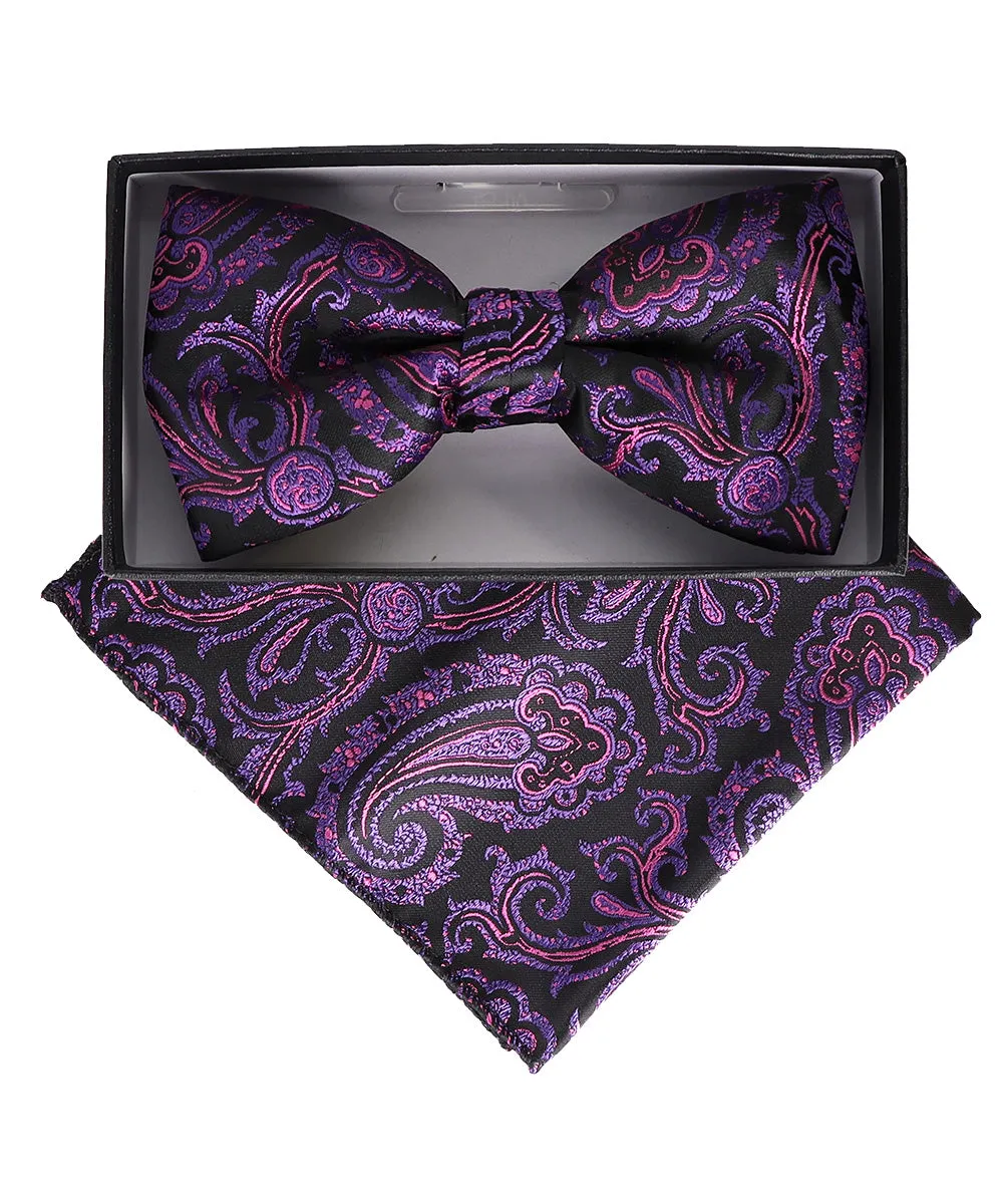 Vittorio Farina Men's Paisley Design Satin Bow Tie & Pocket Square in Gift Box