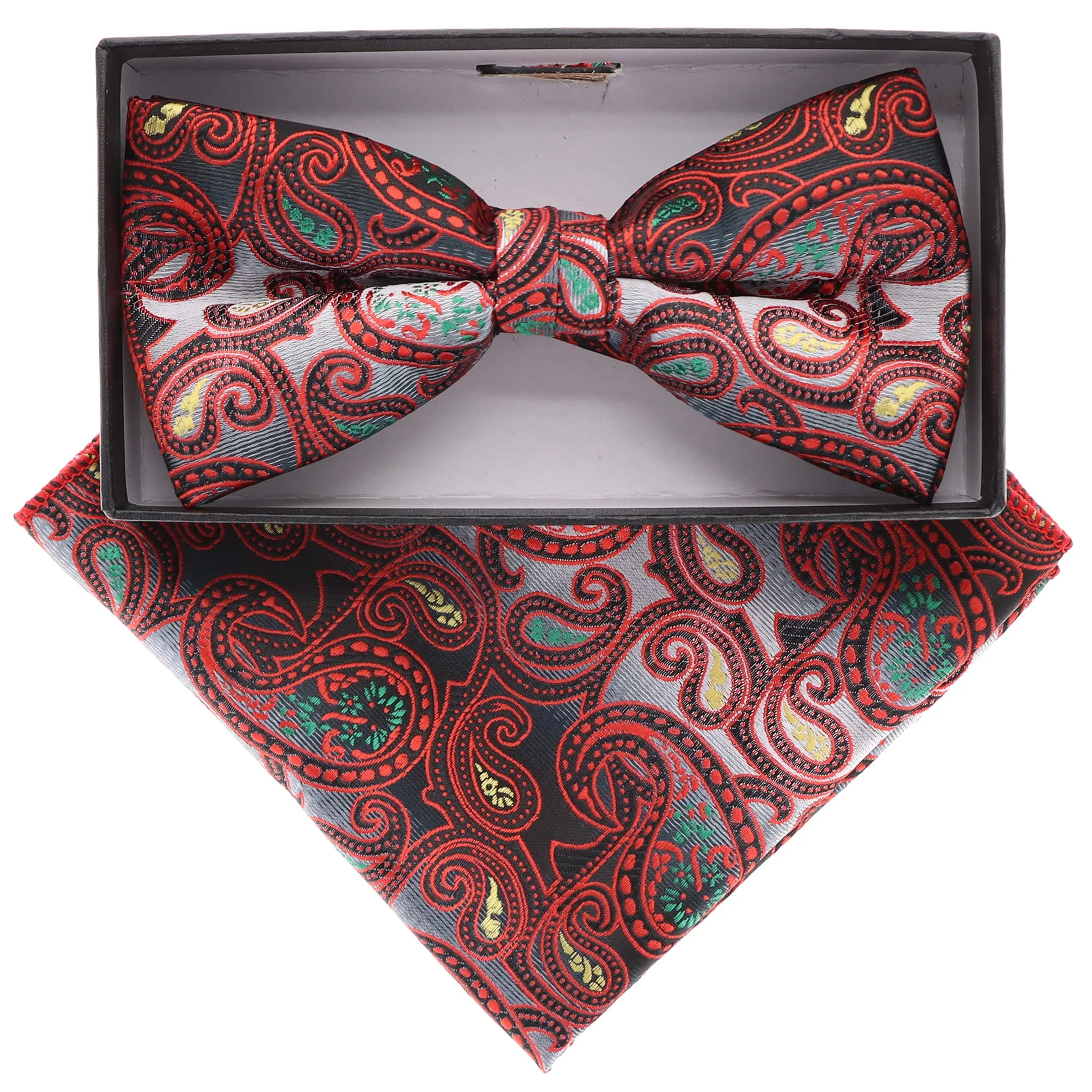 Vittorio Farina Men's Paisley Design Satin Bow Tie & Pocket Square in Gift Box