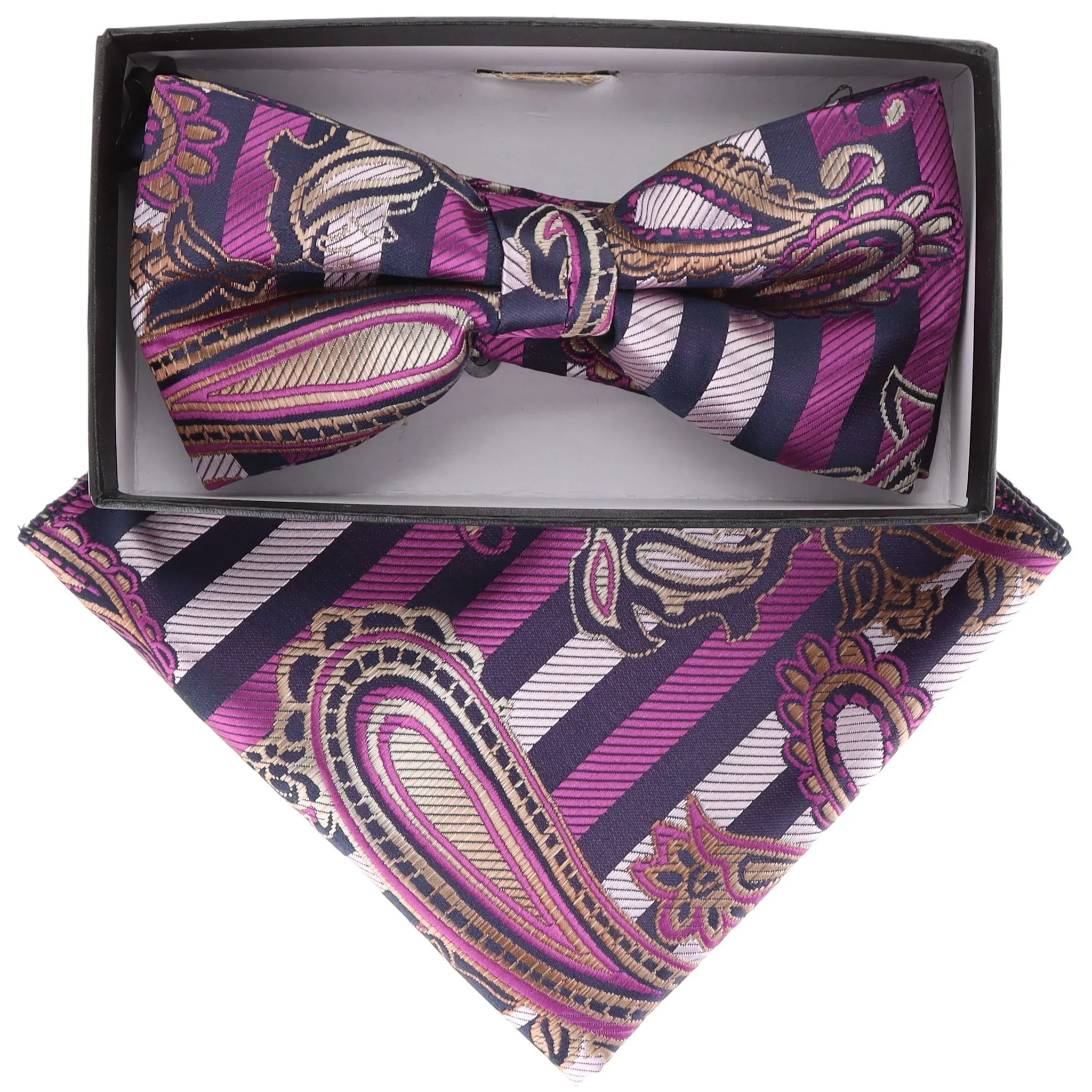 Vittorio Farina Men's Paisley Design Satin Bow Tie & Pocket Square in Gift Box