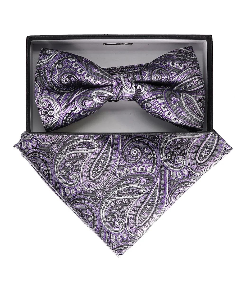 Vittorio Farina Men's Paisley Design Satin Bow Tie & Pocket Square in Gift Box